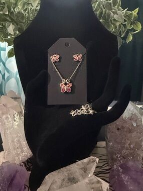 🦋 SET of BRIGHTON VINTAGE Pink Crystal Butterfly Necklace & Earrings! Swarovski